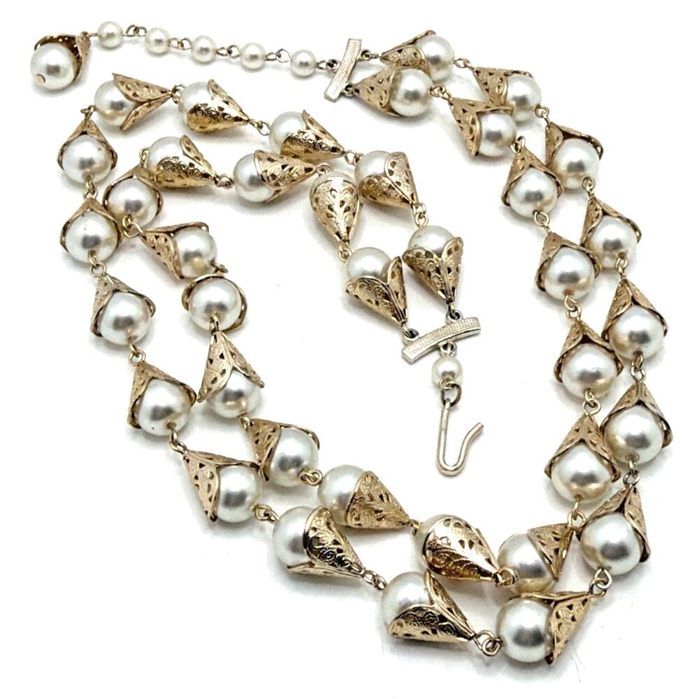 Vintage Faux Pearl Gold Tone Filigree Necklace Statement Made in Japan 17" - 19"